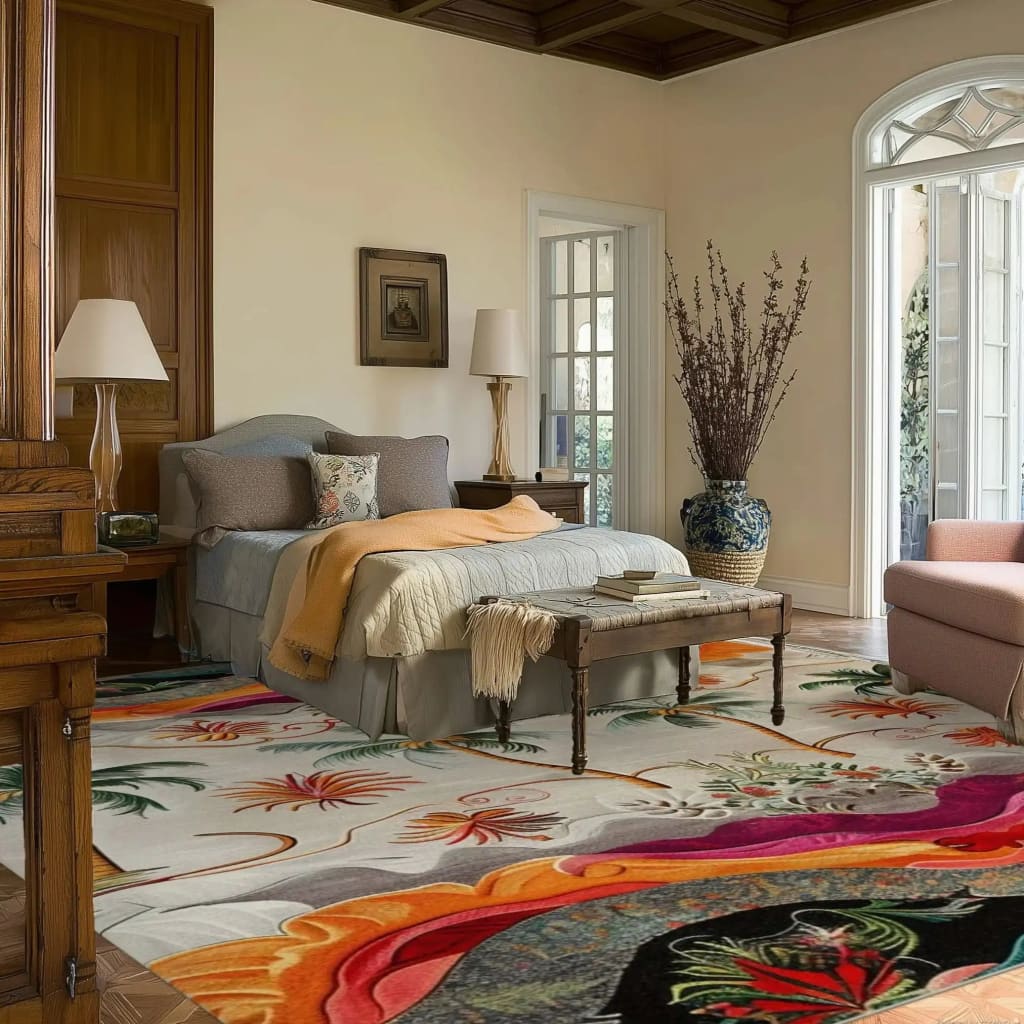 A stylish bedroom featuring the Island Escape Tapestry Hand Tufted Rug, an elegant square area rug with vibrant abstract designs. This wool rug adds a splash of color and sophistication to the room, making it perfect for a dining room, office, or formal setting. The intricate patterns and rich textures of the dining room area rug create a warm and inviting atmosphere.