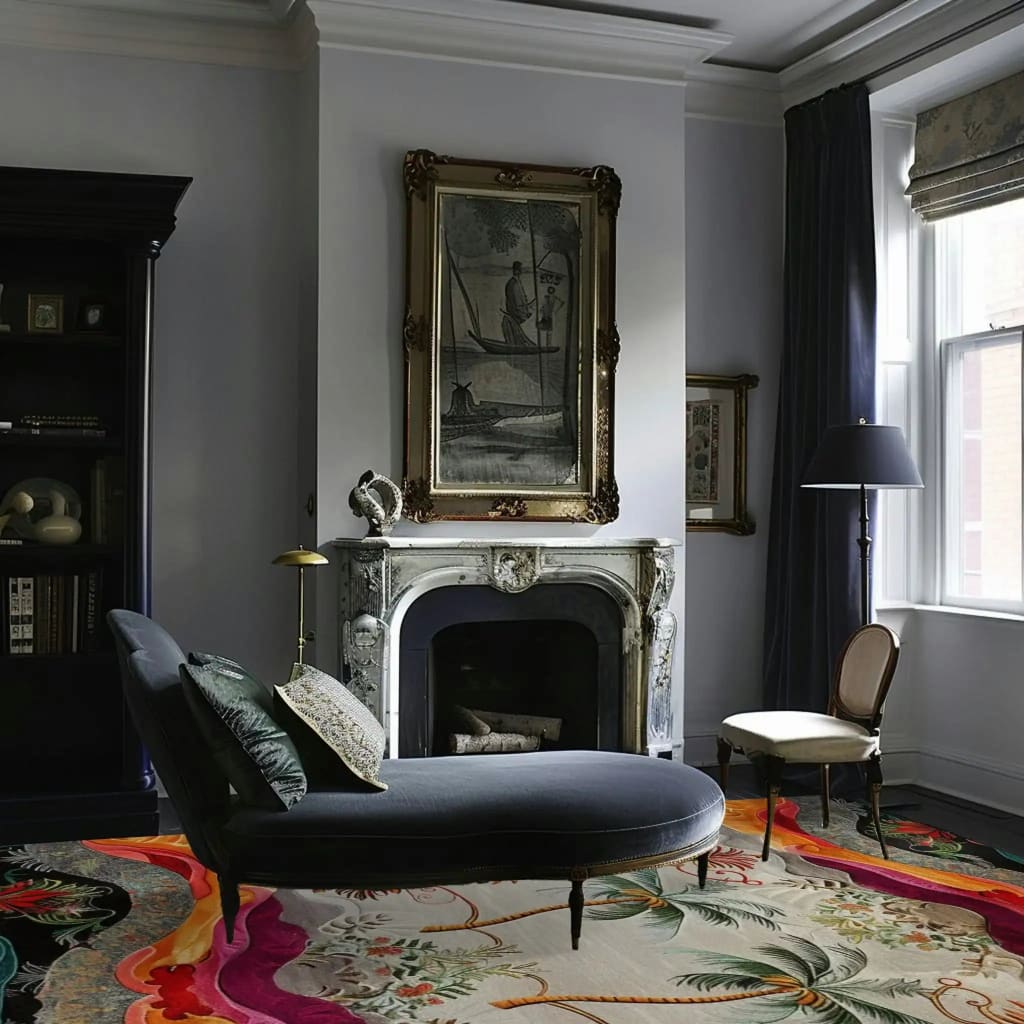 Elegant living room featuring a vibrant Island Escape Tapestry Hand Tufted Rug. This square area rug with a tropical design adds a splash of color to the formal dining room setting. Perfect for office or dining room area rugs, this wool rug complements the classic decor with its luxurious texture and eye-catching pattern.