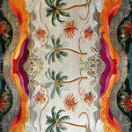 Vibrant Island Escape Tapestry Hand Tufted Rug featuring a tropical design with palm trees and colorful abstract patterns. This square wool area rug is an ideal choice for a dining room or office, adding a touch of elegance to formal dining spaces.