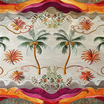 Vibrant Island Escape Tapestry Hand Tufted Rug featuring a tropical design with palm trees and colorful abstract patterns. This stunning wool rug is perfect for adding a touch of elegance to a dining room or office. Ideal as a square area rug, it brings a formal yet inviting feel to any space, making it a versatile choice for dining room area rugs or formal dining room rugs.