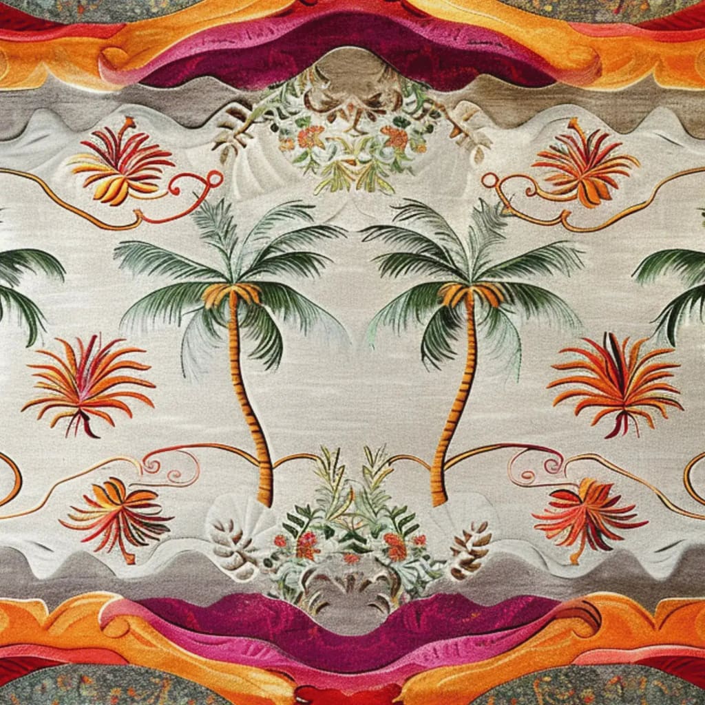 Vibrant Island Escape Tapestry Hand Tufted Rug featuring a tropical design with palm trees and colorful abstract patterns. This stunning wool rug is perfect for adding a touch of elegance to a dining room or office. Ideal as a square area rug, it brings a formal yet inviting feel to any space, making it a versatile choice for dining room area rugs or formal dining room rugs.