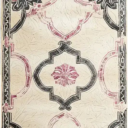 Ivory Bloom Border Hand Tufted Area Rug featuring intricate vintage patterns in soft pink and black, perfect for large living rooms. This wool rug combines elegance and comfort, making it an ideal choice for area rugs in living rooms.