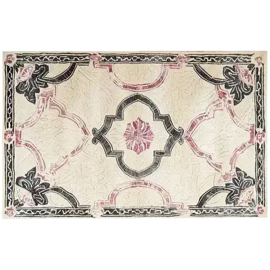 Ivory Bloom Border Hand Tufted Rug, a luxurious wool area rug perfect for a large living room. This vintage rug features an intricate floral design in soft pink and black tones, adding a touch of elegance to any space. Ideal for those seeking large area rugs to complement their living room decor.
