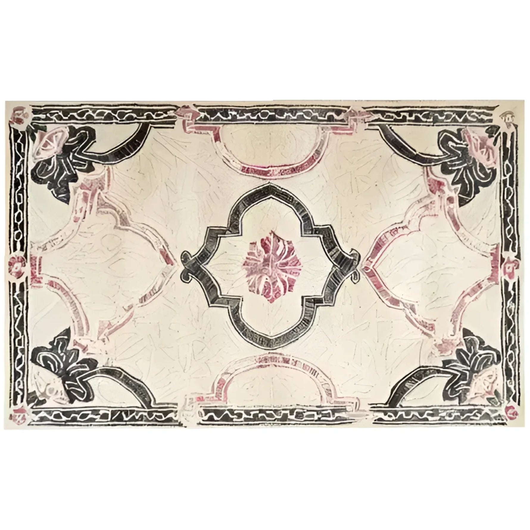 Ivory Bloom Border Hand Tufted Rug, a luxurious wool area rug perfect for a large living room. This vintage rug features an intricate floral design in soft pink and black tones, adding a touch of elegance to any space. Ideal for those seeking large area rugs to complement their living room decor.