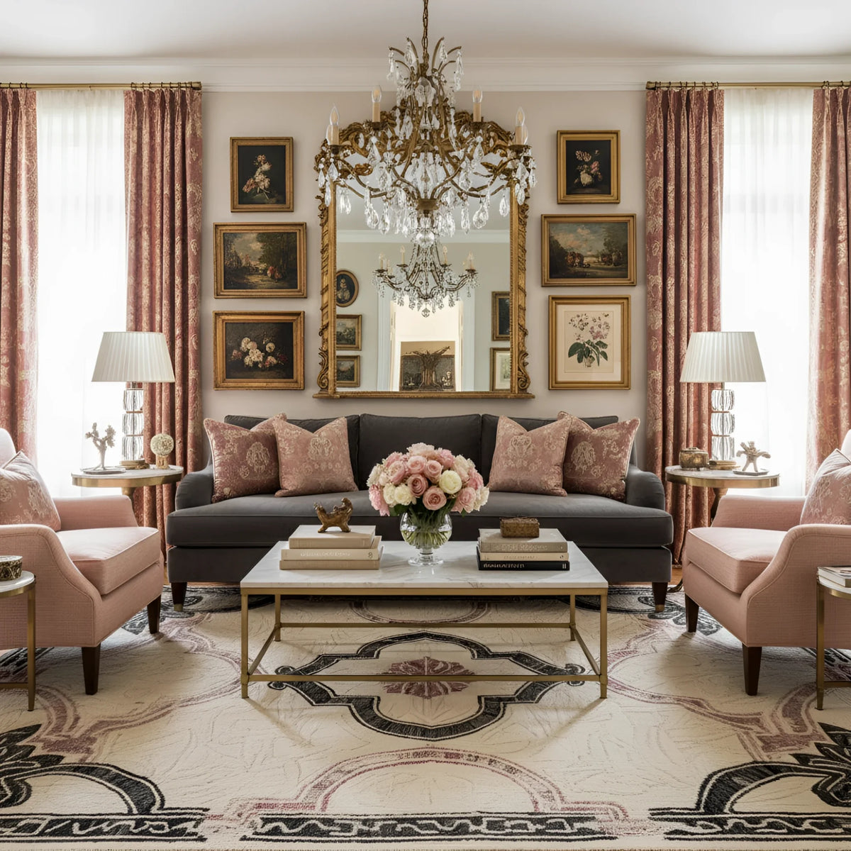 Luxurious living room with ornate furniture, chandelier, and decorative elements.