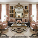 Luxurious living room with ornate furniture, chandelier, and decorative elements.