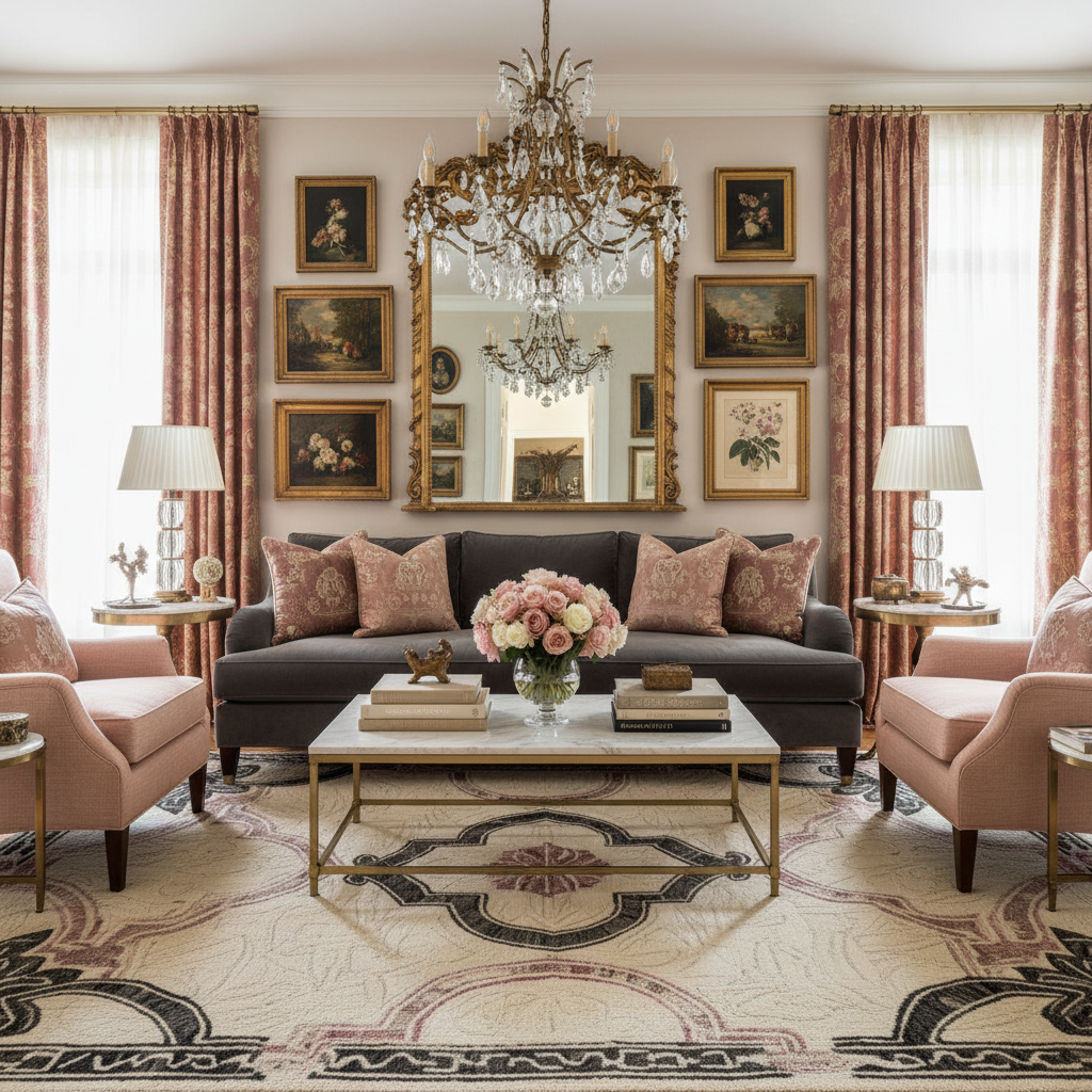 Luxurious living room with ornate furniture, chandelier, and decorative elements.