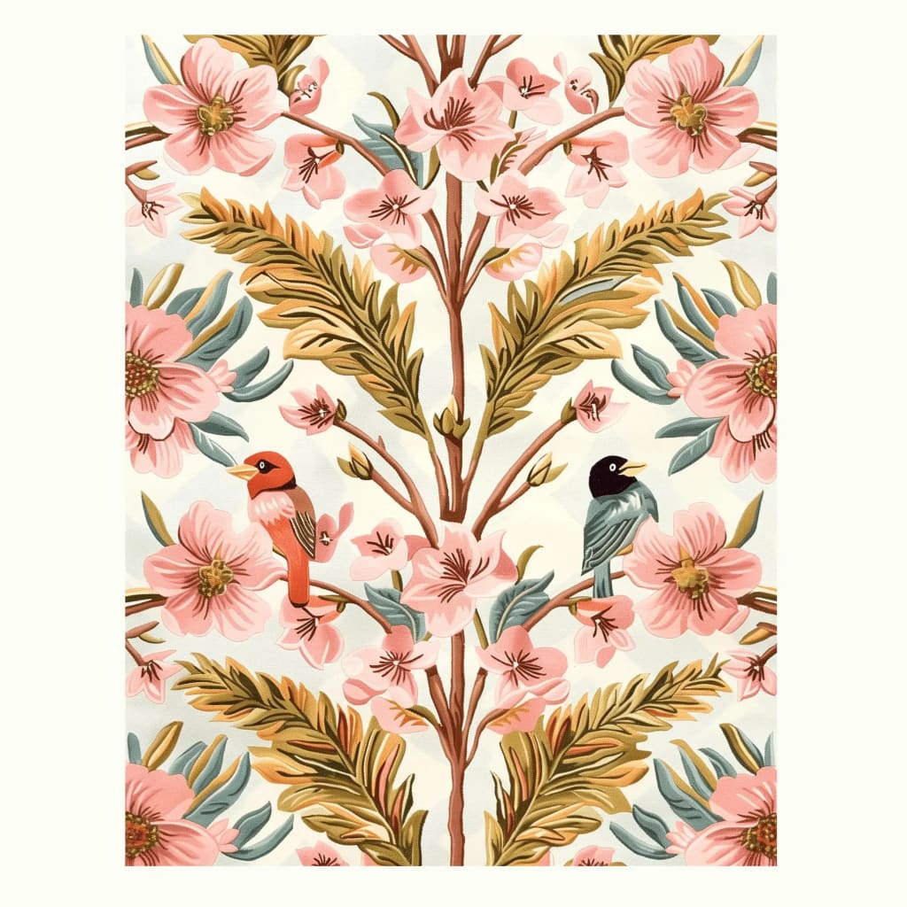 Ivory Bloom Hand Tufted Rug featuring a vibrant floral design with pink blossoms and birds, perfect for adding a touch of elegance to any bedroom or living room. This vintage wool area rug is ideal for those seeking a charming floral rug that enhances both bedroom rugs and living room area rugs.
