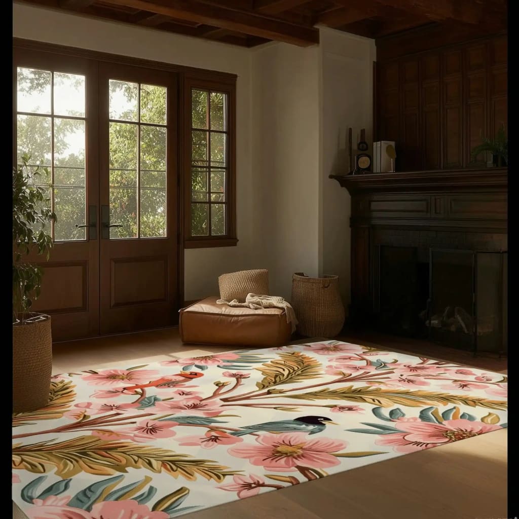 This beautiful ivory bloom hand-tufted area rug, perfect for bedroom and living room spaces, features a stunning floral design with vintage charm. The wool rug showcases a vibrant pattern with pink and yellow flowers, adding warmth and elegance to any room.