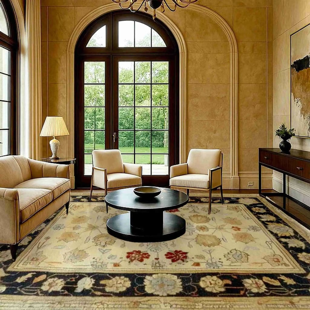 Elegant living room featuring an Ivory Elegance Hand Knotted Area Rug. This exquisite 8x10 floral rug, with its vintage Persian design, adds a touch of sophistication to the space. The rug's intricate patterns and soft hues perfectly complement the classic furniture, creating a harmonious and inviting atmosphere. Ideal for anyone seeking stylish area rugs for living room decor.