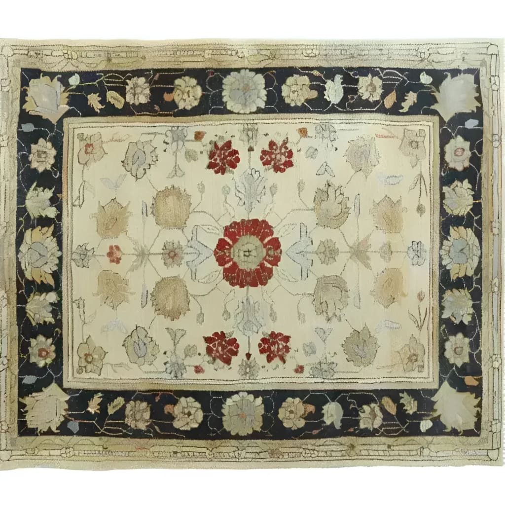 Elegant hand-knotted area rug featuring a classic floral design with a vintage touch. This Ivory Elegance rug is perfect for adding a sophisticated charm to your living room. The 8x10 Persian-style rug showcases intricate patterns with rich red and beige flowers, framed by a contrasting dark border. Ideal for those seeking a timeless addition to their area rugs collection for the living room.