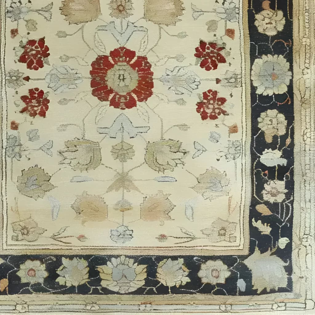 Close-up view of an Ivory Elegance Hand Knotted Area Rug, showcasing intricate floral patterns in red and beige tones with a dark border. Perfect for adding a touch of vintage charm to living rooms, this 8x10 Persian-style rug combines elegance and tradition.