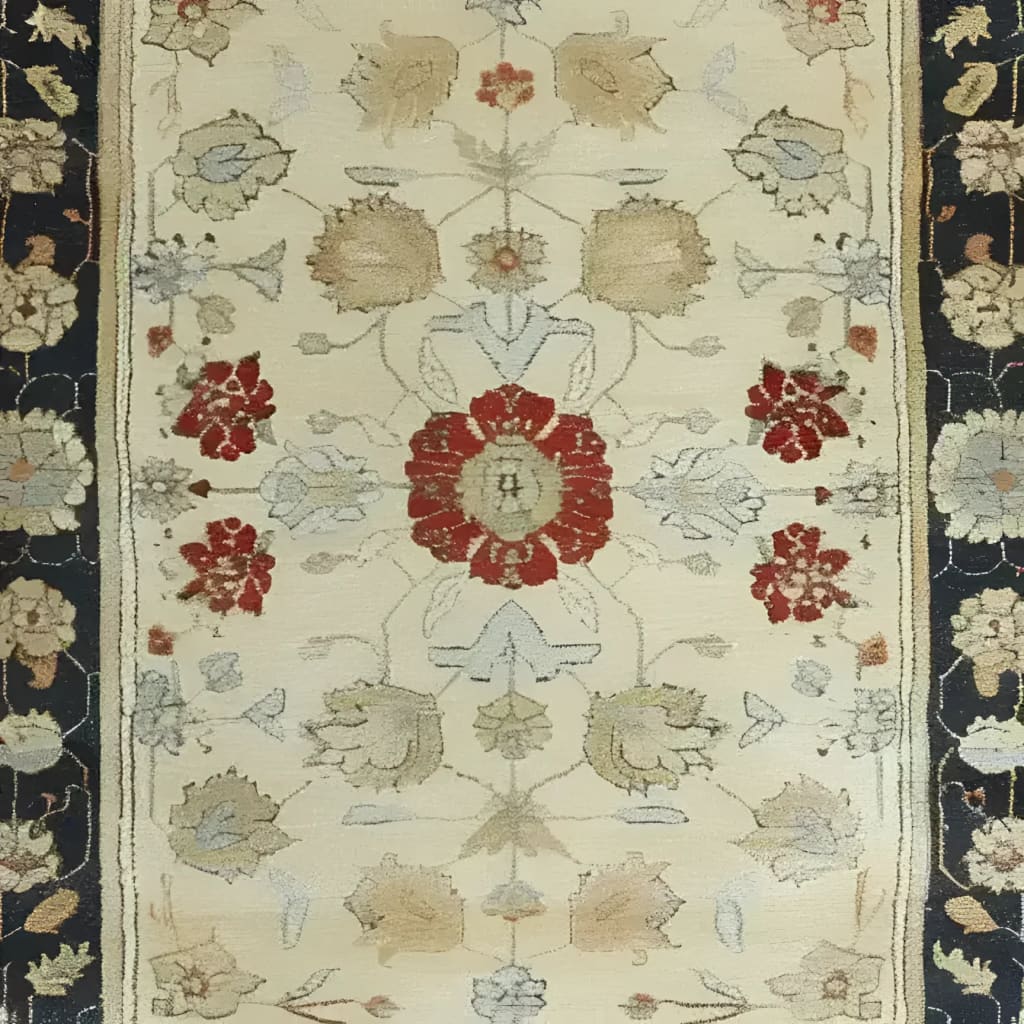 Ivory Elegance Hand Knotted Area Rug featuring a vintage floral design. This Persian rug, perfect for living rooms, measures 8x10 with intricate red and beige patterns on an ivory background. Ideal as an area rug for living room decor.