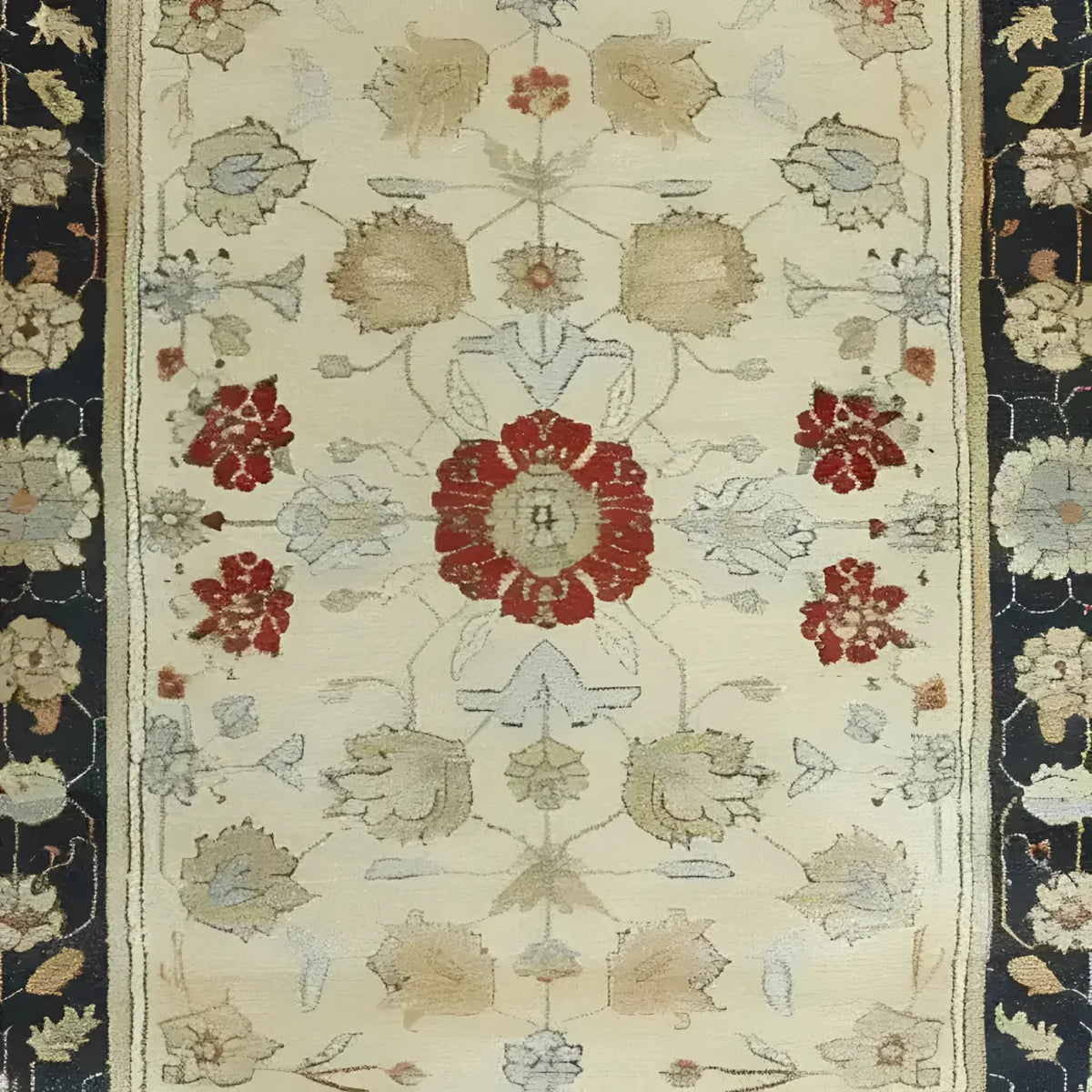 Ivory Elegance Hand Knotted Area Rug featuring a vintage floral design. This Persian rug, perfect for living rooms, measures 8x10 with intricate red and beige patterns on an ivory background. Ideal as an area rug for living room decor.