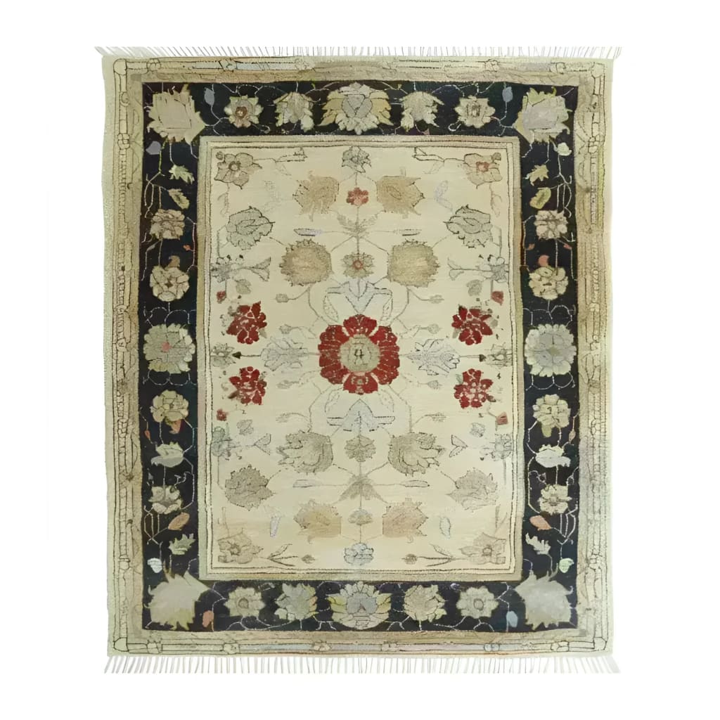 Ivory Elegance Hand Knotted Area Rug featuring a classic floral design with a vintage Persian style, ideal for living room rugs 8x10. The intricate patterns and warm beige tones add a touch of sophistication to any space.