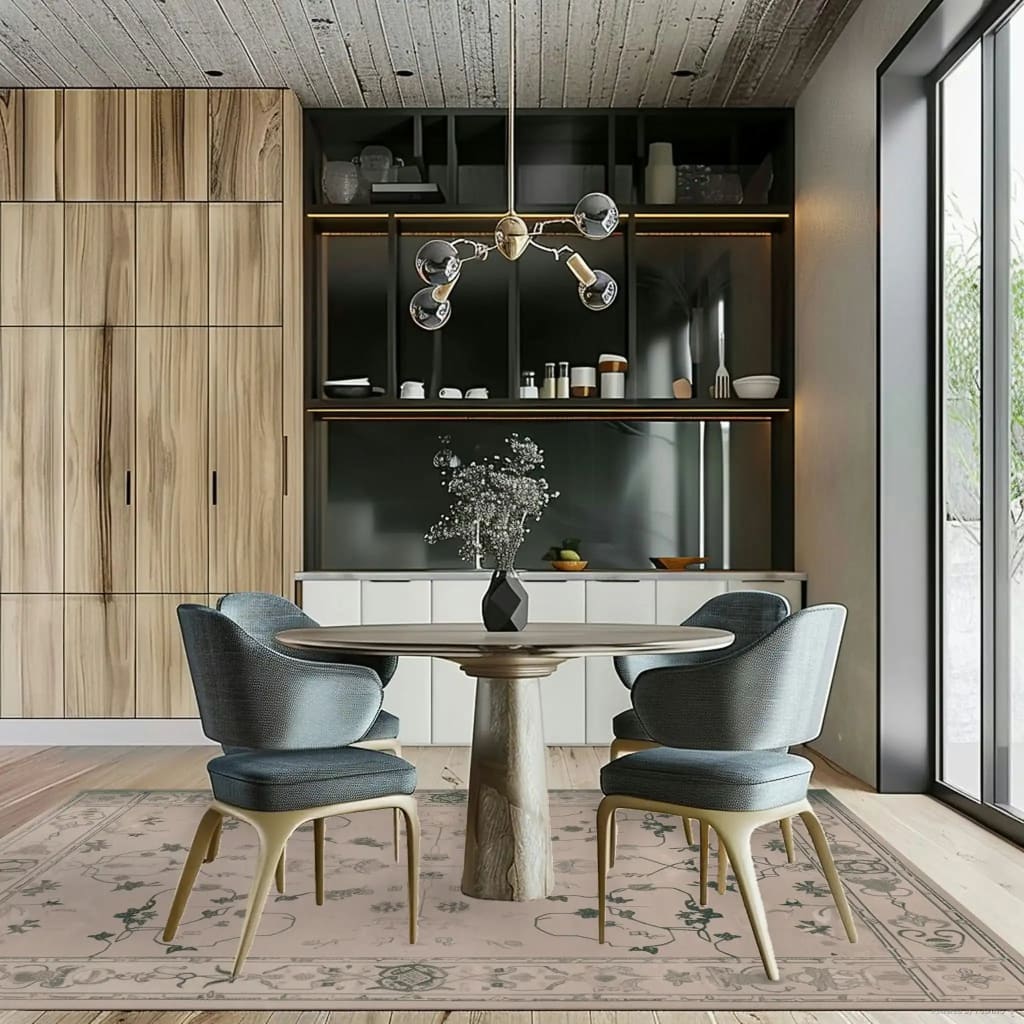 Elegant living room featuring the Ivory Whispers Hand Tufted Rug, an area rug with a vintage floral pattern, perfectly complementing modern furniture. This 8x10 wool rug adds warmth and style to the large living room setting, creating a cozy and inviting ambiance.