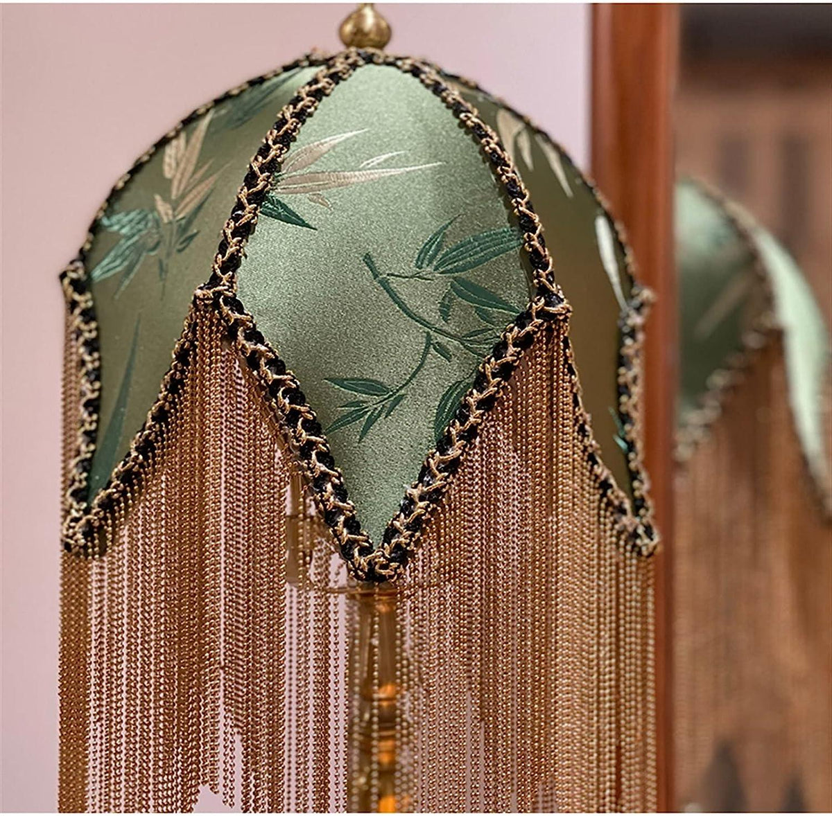 Jacquard Green Bamboo Leaf Antique Lampshade with Tassels