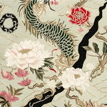 Detailed view of the Jade Dragon Vine Hand Tufted Rug, showcasing intricate floral and dragon motifs. This wool area rug is perfect for adding elegance to living rooms, especially in an 8x10 size.
