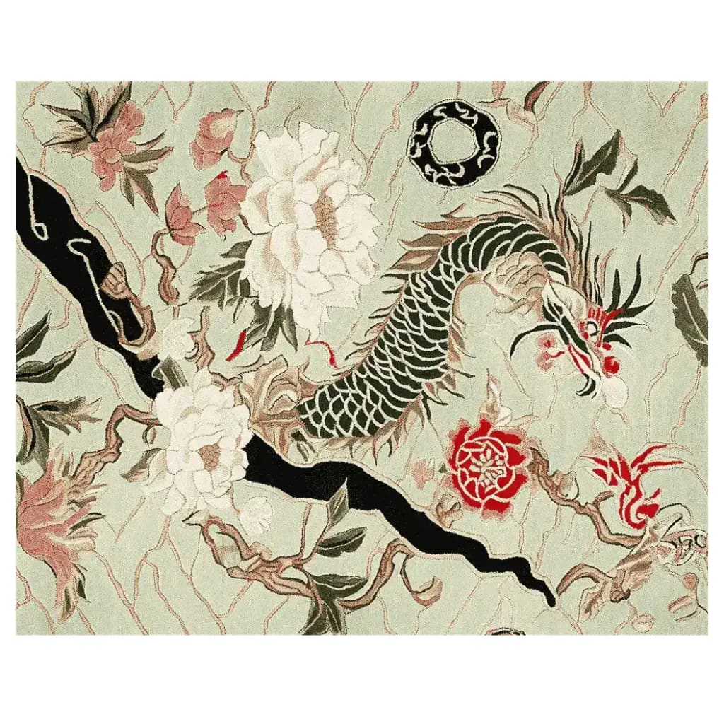 Elegant Jade Dragon Vine hand-tufted area rug featuring intricate dragon and floral designs. Perfect wool rug for adding a touch of luxury to your living room. Ideal for living room rugs 8x10, this area rug captures the essence of traditional artistry.