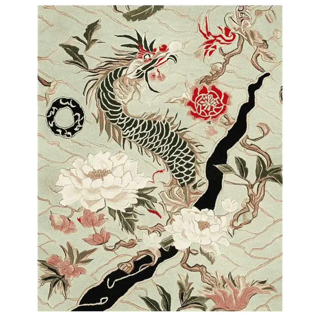 Beautiful Jade Dragon Vine Hand Tufted Area Rug featuring intricate dragon and floral designs. This wool rug offers a unique aesthetic perfect for living room rugs 8x10, adding elegance and style to any area rugs for living room.