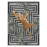 This striking area rug features a bold abstract design with a tiger motif, surrounded by lush green foliage on a geometric background. The hand-tufted wool rug adds a touch of wild elegance to any living room, making it a standout piece among area rugs for living rooms.