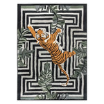 This striking area rug features a bold abstract design with a tiger motif, surrounded by lush green foliage on a geometric background. The hand-tufted wool rug adds a touch of wild elegance to any living room, making it a standout piece among area rugs for living rooms.