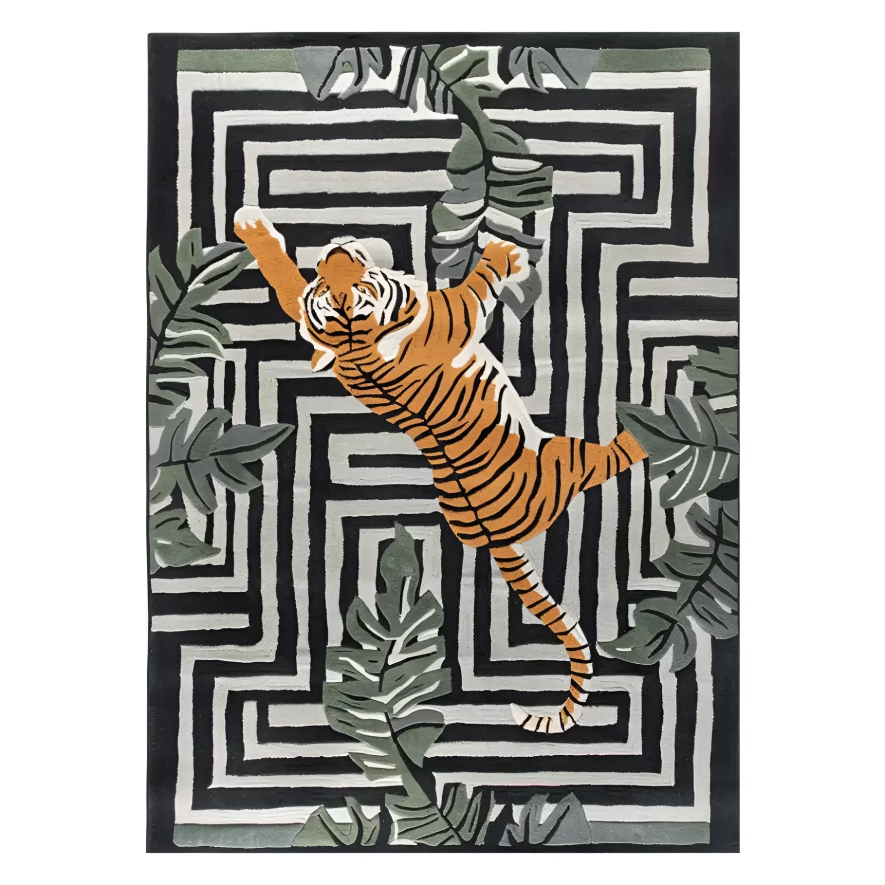 This striking area rug features a bold abstract design with a tiger motif, surrounded by lush green foliage on a geometric background. The hand-tufted wool rug adds a touch of wild elegance to any living room, making it a standout piece among area rugs for living rooms.