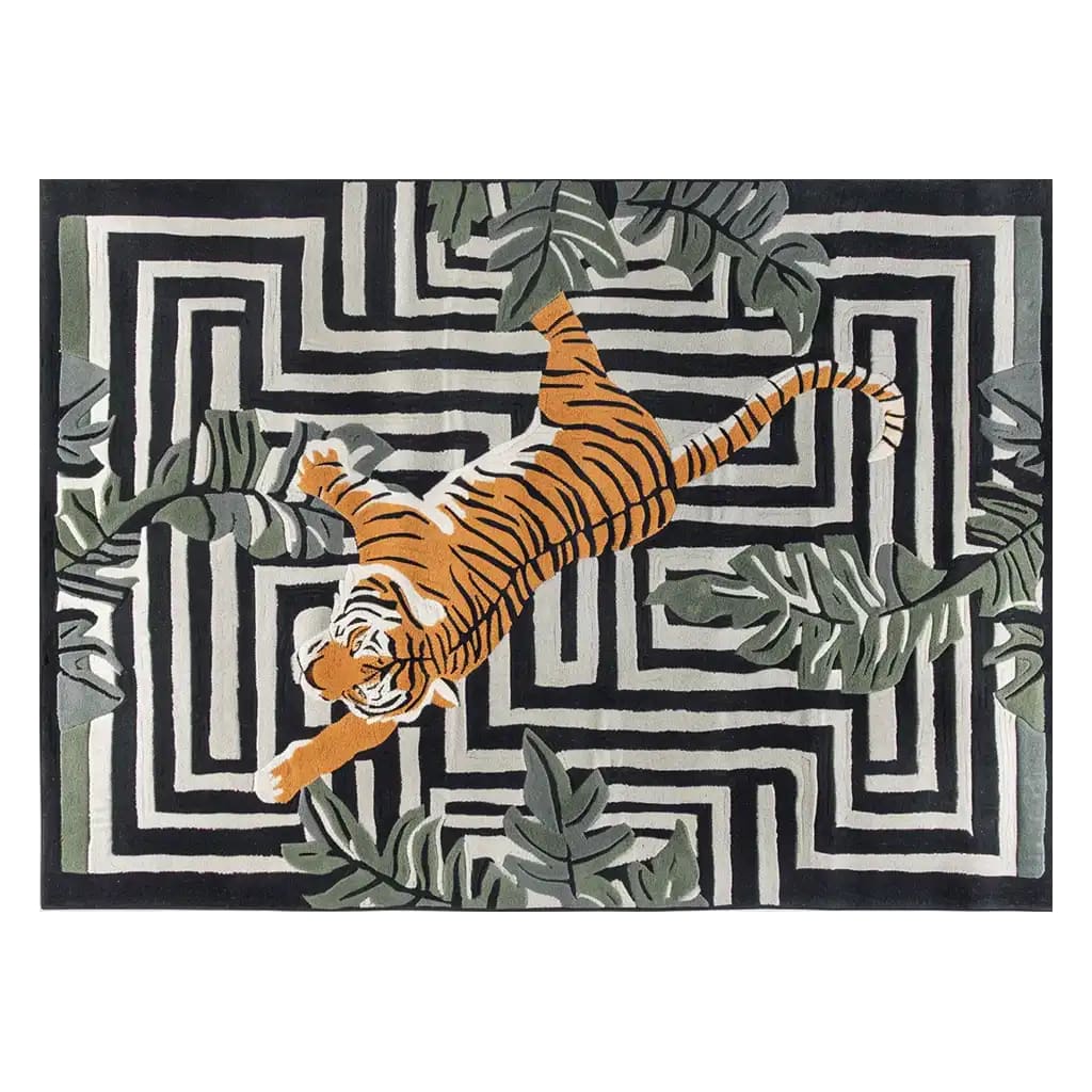 Top view of the Jade Tiger Threshold Hand Tufted Wool Rug featuring a striking abstract tiger design surrounded by lush green leaves and bold black and white geometric patterns. This area rug, crafted from high-quality wool, is perfect for adding a touch of exotic elegance to your living room. Ideal as an area rug or a decorative element in rugs for living room settings.