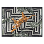 Top view of the Jade Tiger Threshold Hand Tufted Wool Rug featuring a striking abstract tiger design surrounded by lush green leaves and bold black and white geometric patterns. This area rug, crafted from high-quality wool, is perfect for adding a touch of exotic elegance to your living room. Ideal as an area rug or a decorative element in rugs for living room settings.