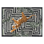 Top view of the Jade Tiger Threshold Hand Tufted Wool Rug featuring a striking abstract tiger design surrounded by lush green leaves and bold black and white geometric patterns. This area rug, crafted from high-quality wool, is perfect for adding a touch of exotic elegance to your living room. Ideal as an area rug or a decorative element in rugs for living room settings.