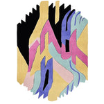 A vibrant and contemporary area rug featuring an abstract design with bold colors such as yellow, pink, blue, and black. This wool rug, titled 'Jagged Rhythm Dream Hand Tufted Rug', is ideal for large living rooms, adding a modern touch to any space. Perfect for those seeking unique area rugs for living room decor.