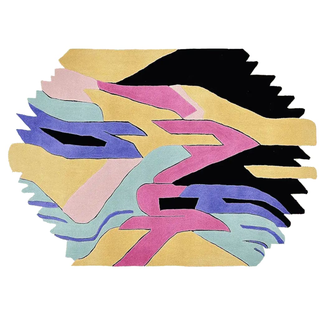 Top view of the Jagged Rhythm Dream Hand Tufted Area Rug, a contemporary wool rug featuring an abstract design with vibrant colors like pink, blue, yellow, and black. Ideal for large living rooms, this area rug adds a bold and artistic touch to any space.