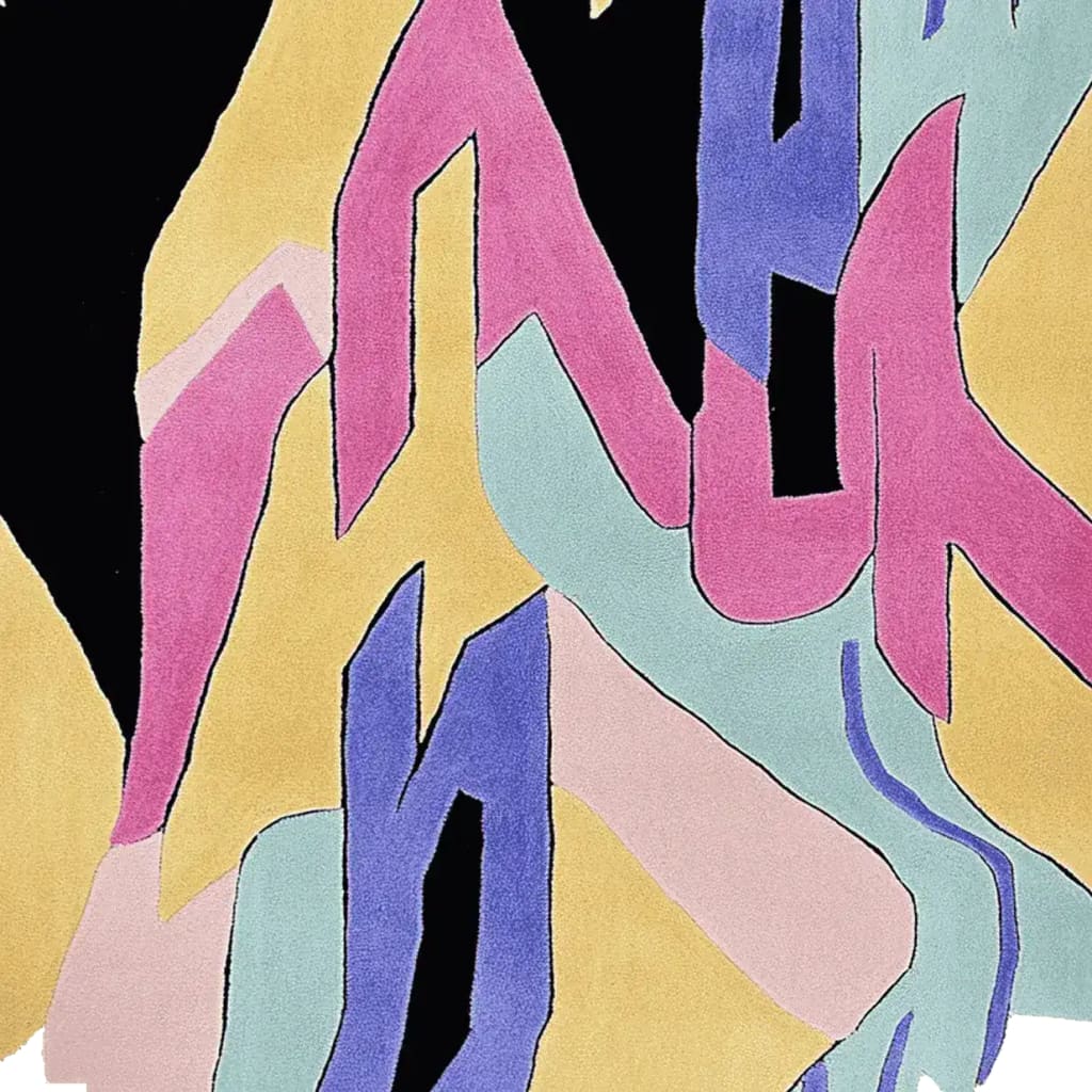 Vibrant abstract area rug featuring bold geometric patterns in pink, yellow, blue, and black. This contemporary wool rug is perfect for large living rooms, adding a splash of color and modern design to your space.