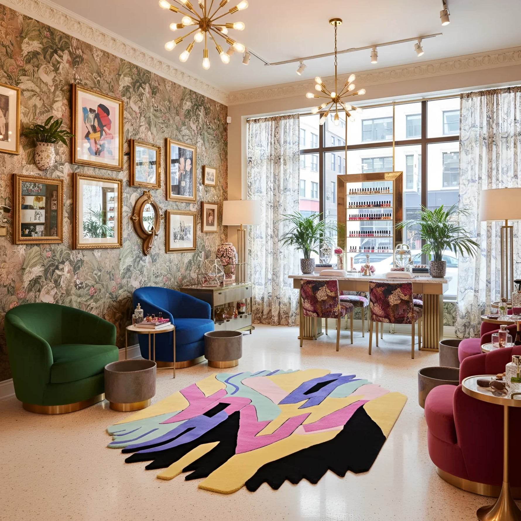 Modern nail salon room with colorful rug, patterned walls, and large windows.