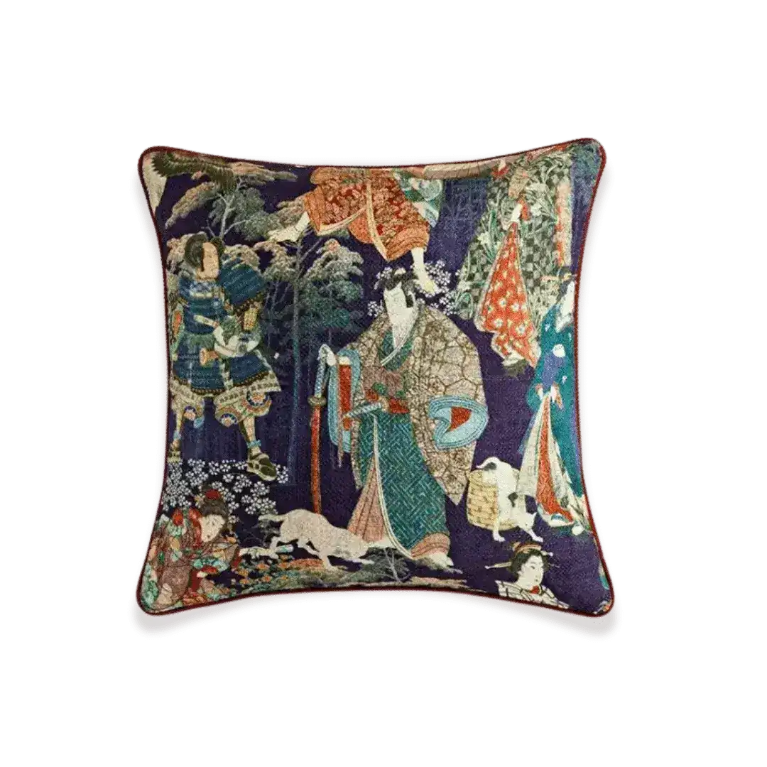 Japanese Ukiyoe inspired throw pillow cover featuring traditional characters and vibrant colors, perfect for adding an artistic touch to your home decor.