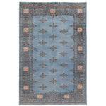 Elegant Javarak Blue Hand Knotted Area Rug featuring an intricate pattern with a serene blue background and detailed border design. Perfect for enhancing the ambiance of large living rooms, this area rug offers both style and comfort.