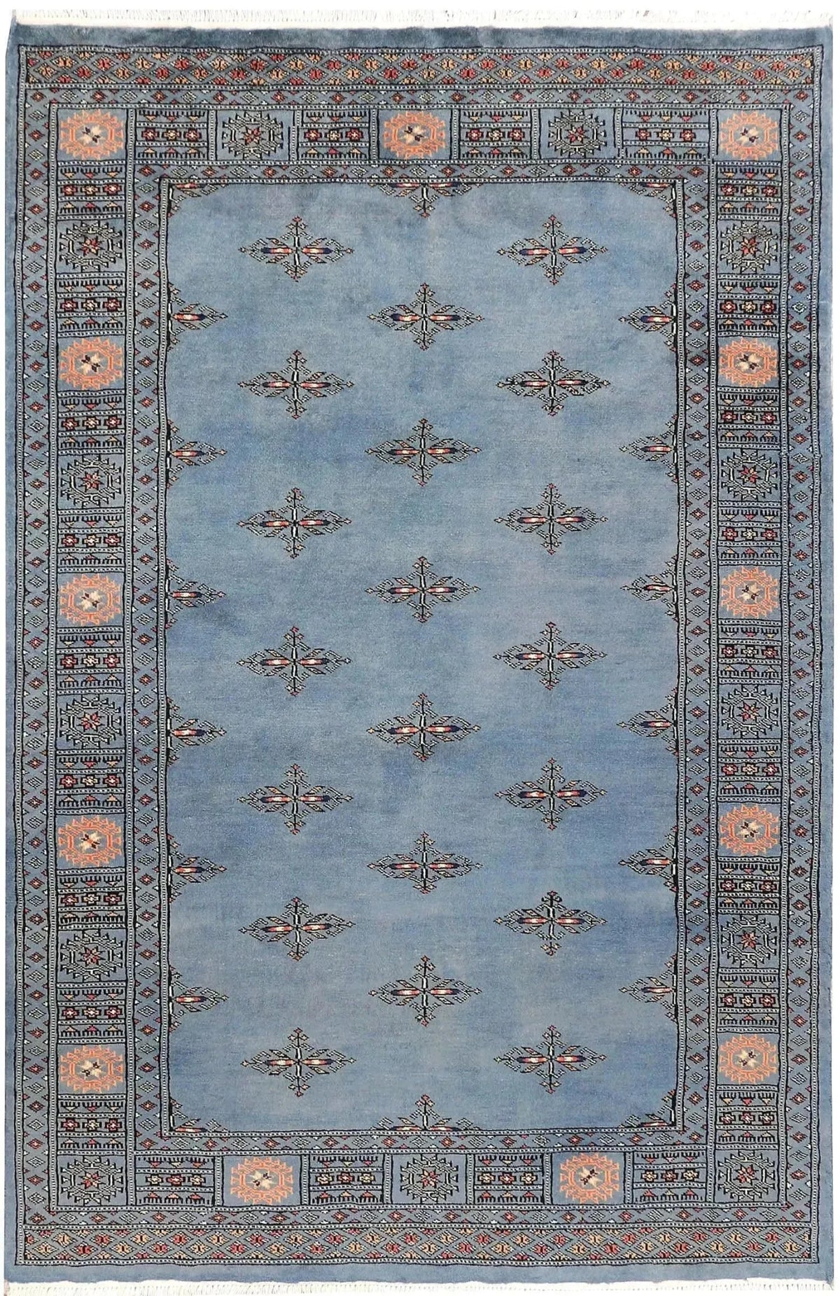 Elegant Javarak Blue Hand Knotted Area Rug featuring an intricate pattern with a serene blue background and detailed border design. Perfect for enhancing the ambiance of large living rooms, this area rug offers both style and comfort.