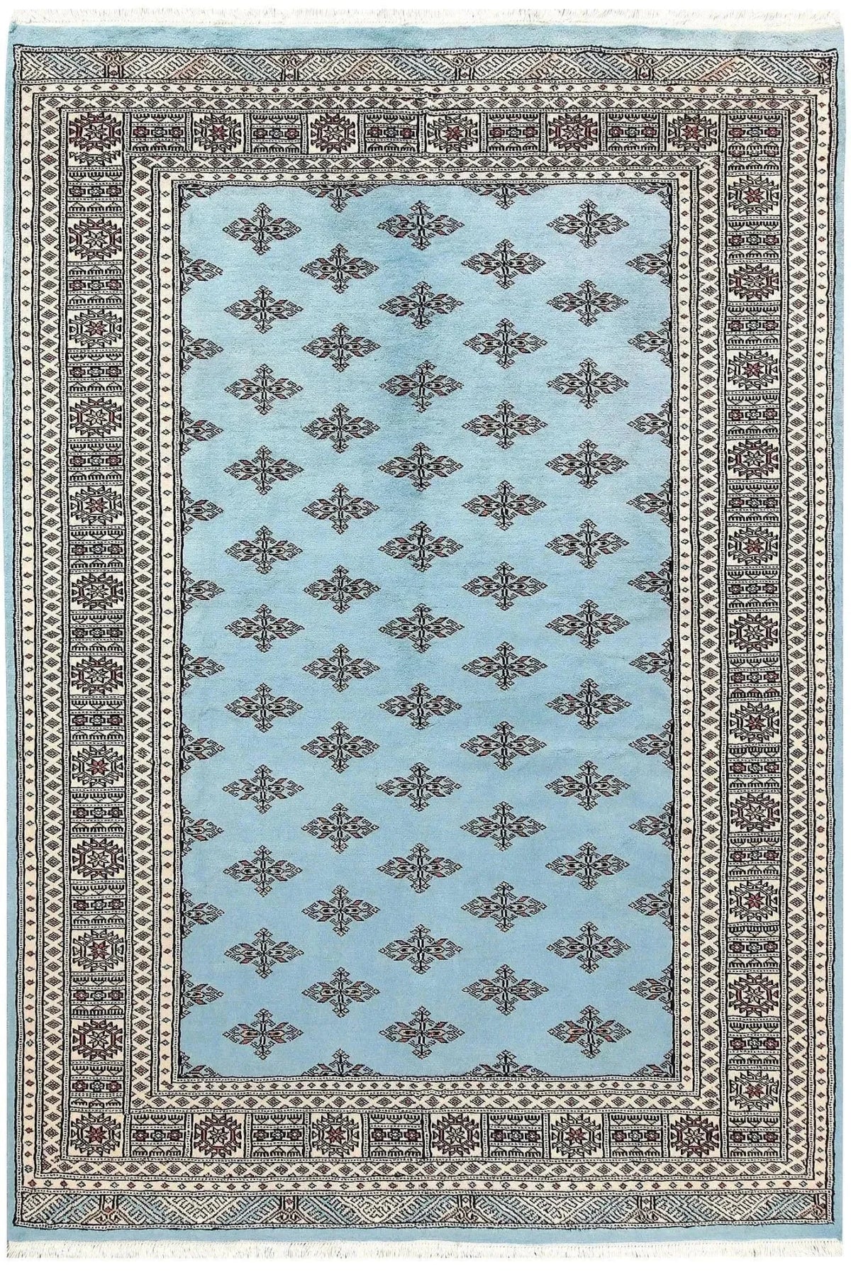The Javarak Blue Hand Knotted Area Rug showcases an intricate design with a soft blue background and elegant geometric patterns, perfect for elevating your living space. This exquisite area rug is ideal for those seeking large living room rugs that combine style and comfort.