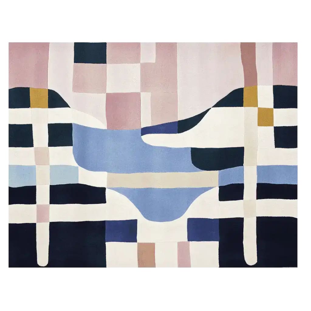Top view of the Jenga Jazz Hand Tufted Rug, a contemporary area rug featuring an abstract pattern with soft pastel hues. This wool rug, ideal for large living rooms, measures 8x10 and showcases a blend of blue, pink, and beige tones, perfect for adding a modern touch to your space.