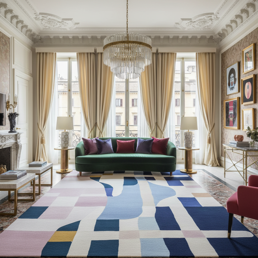 Luxurious living room with a green sofa, colorful rug, and chandelier.