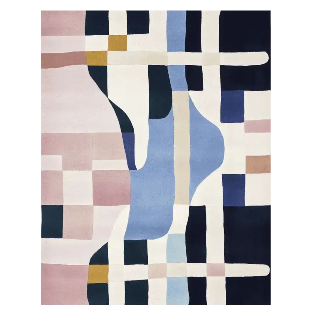 A contemporary wool area rug featuring an abstract geometric design in soft pastel shades of blue, pink, and beige. Perfect for adding a modern touch to large living rooms, this 8x10 rug showcases a unique pattern that complements any decor.