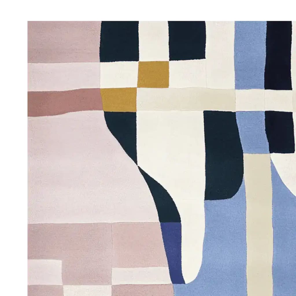 A modern area rug with an abstract design featuring bold blocks of color in shades of pink, blue, white, and mustard. This contemporary wool rug is perfect for adding a stylish touch to large living rooms, especially as an 8x10 centerpiece.