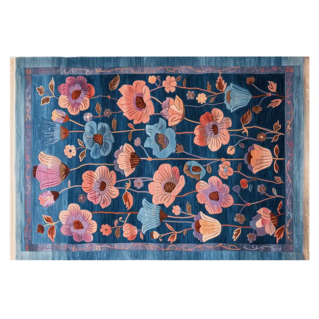 Jeweled Garden Hand Tufted Wool Rug showcasing a vibrant floral design in bold colors on a rich blue background. This 8x10 area rug is perfect for adding a touch of elegance to living rooms, blending the luxurious feel of a wool rug with the timeless appeal of floral patterns.