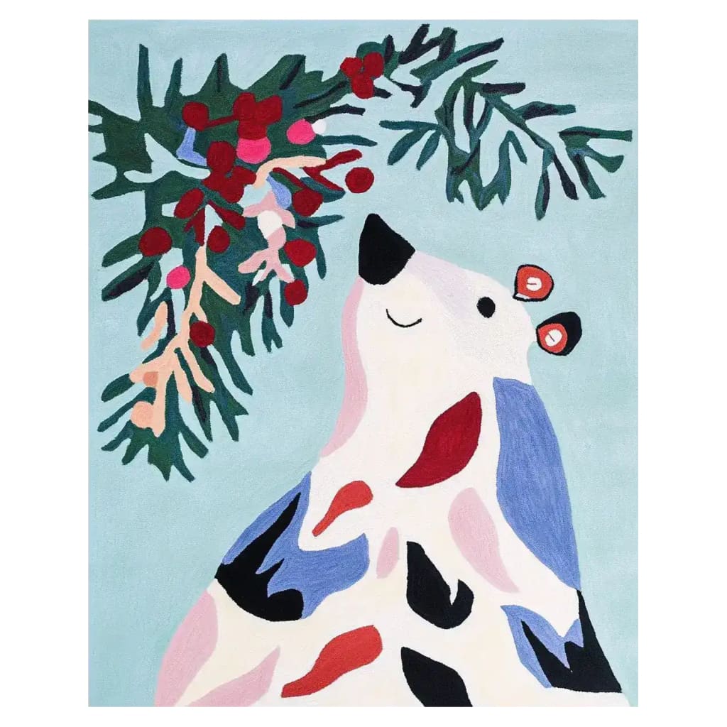 Colorful hand tufted area rug featuring a whimsical bear design with festive greenery, perfect for adding charm to living room area rugs. This wool rug showcases vibrant colors and playful patterns, ideal for creating a cozy atmosphere.