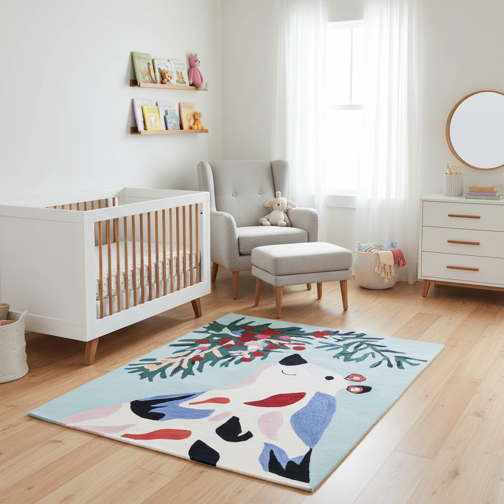 Nursery room with a crib, BEAR rug, and furniture