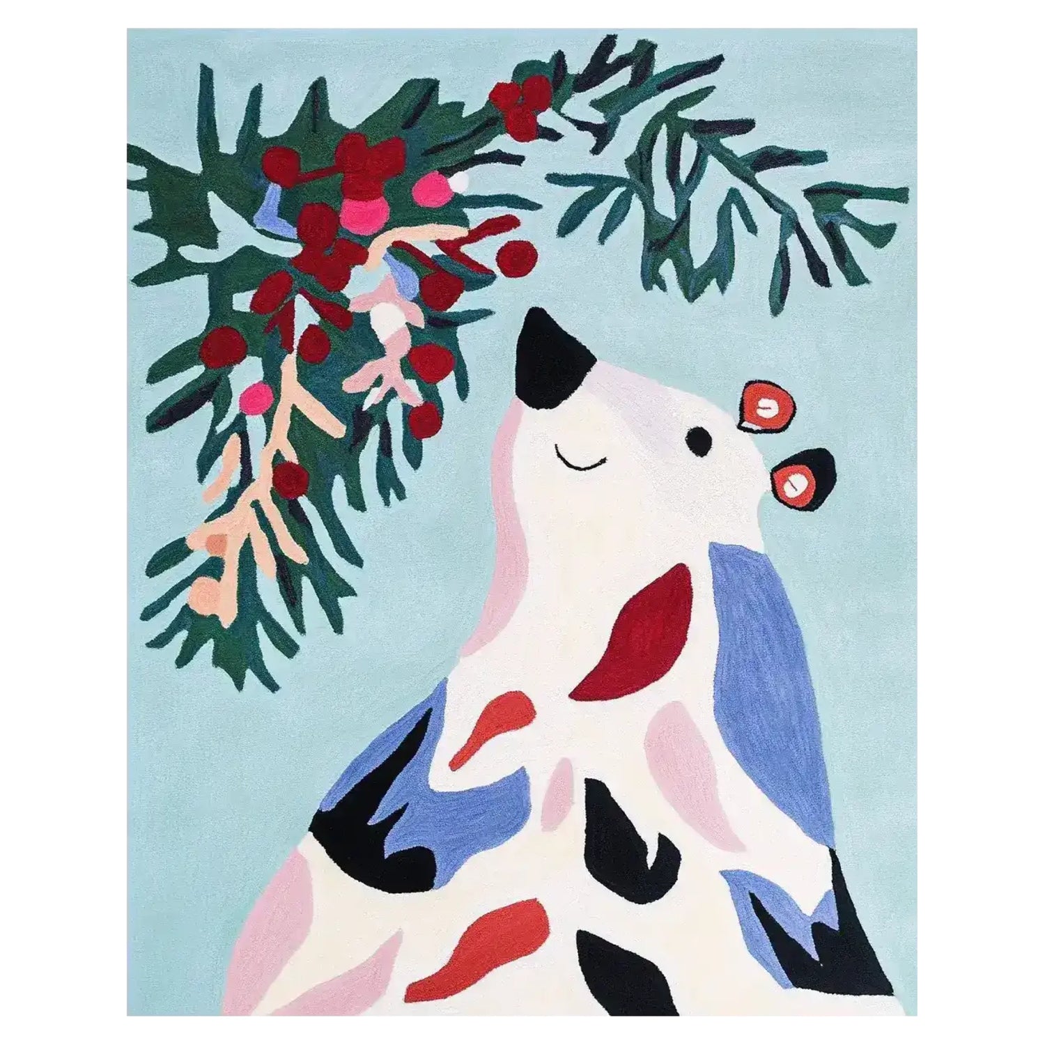 Colorful hand tufted area rug featuring a whimsical bear design with festive greenery, perfect for adding charm to living room area rugs. This wool rug showcases vibrant colors and playful patterns, ideal for creating a cozy atmosphere.