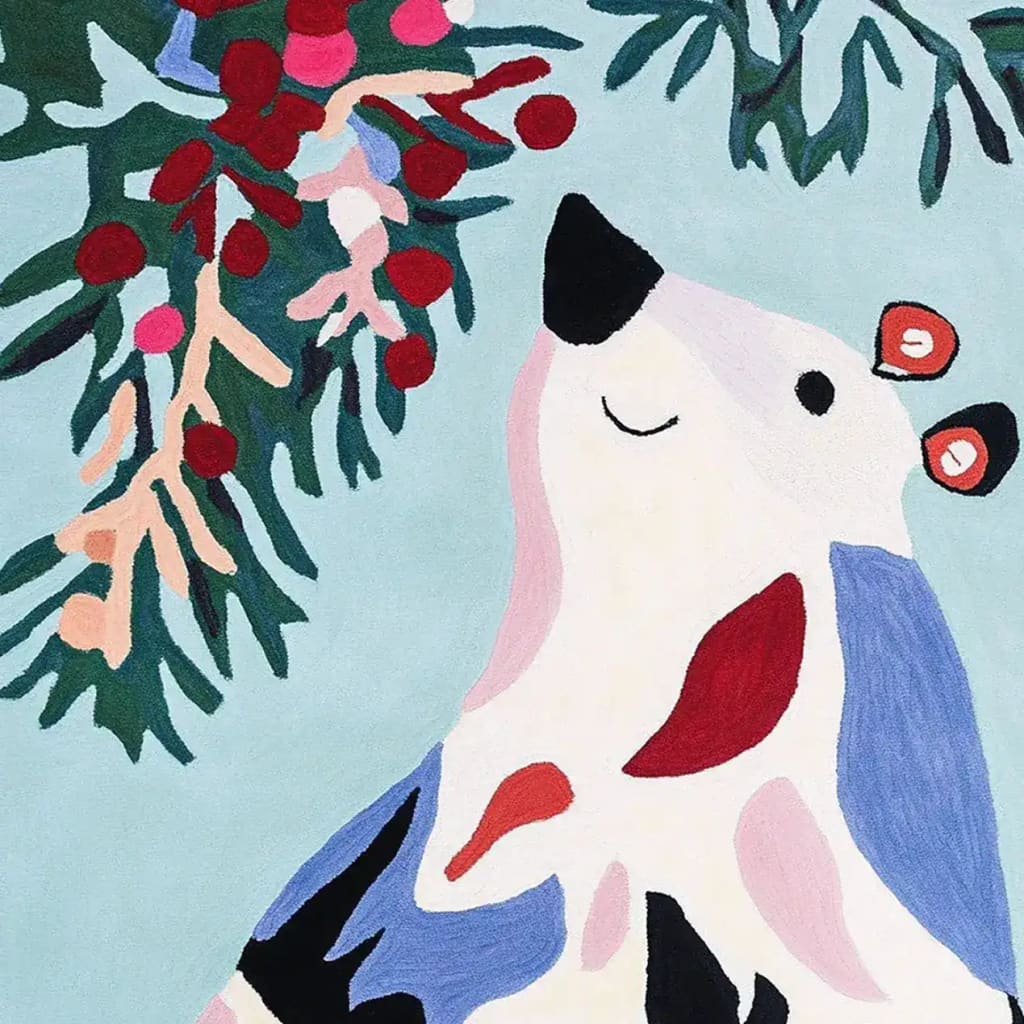 A charming hand-tufted area rug featuring a whimsical bear design with abstract colors, set against a backdrop of festive foliage. Perfect for adding a playful touch to living room area rugs and crafted from high-quality wool for durability and warmth.