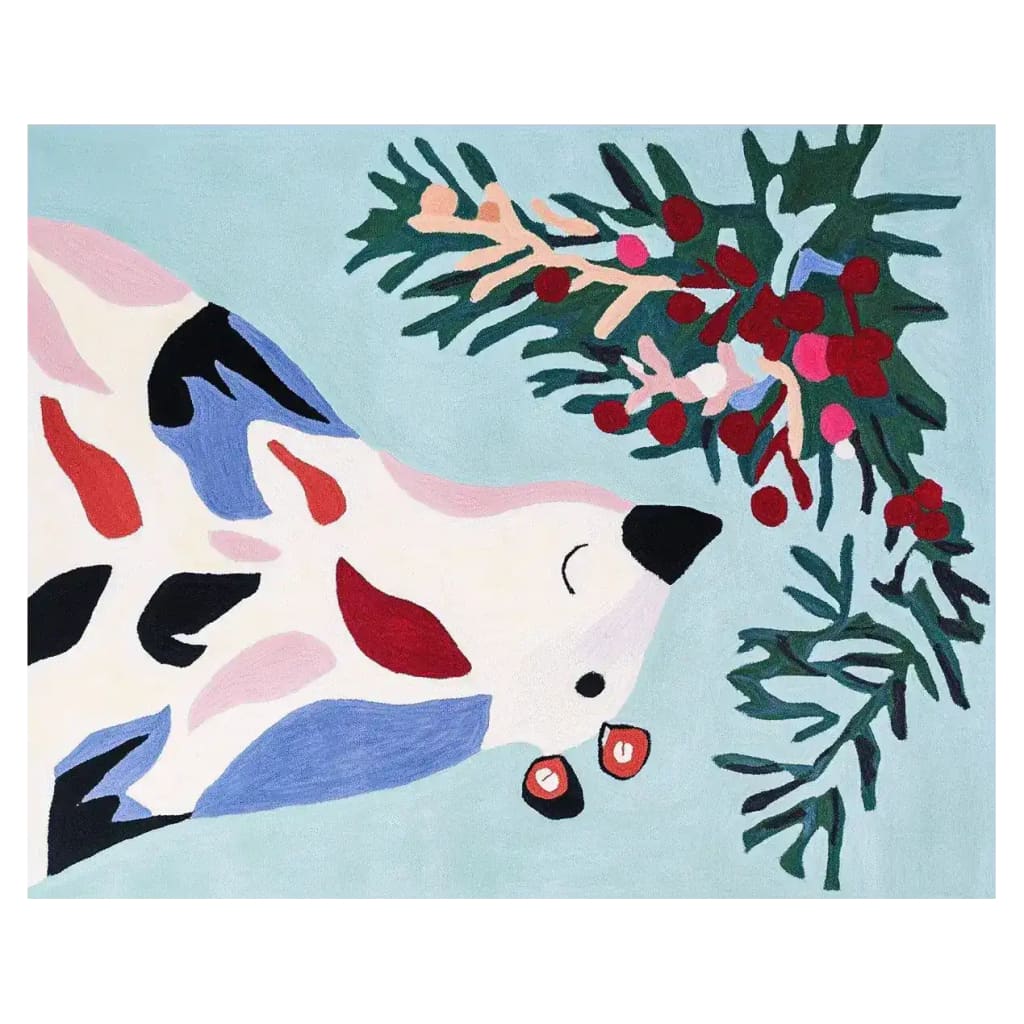 A charming hand-tufted area rug featuring a playful abstract bear design, perfect for adding a whimsical touch to living room area rugs. Made from high-quality wool, this Jingle Frost Bear rug offers a cozy and artistic flair to any space.