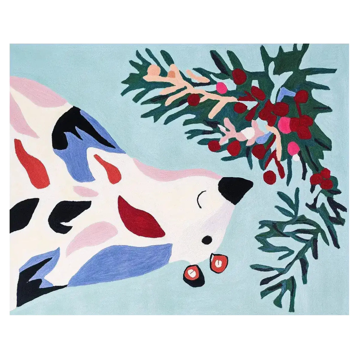 A charming hand-tufted area rug featuring a playful abstract bear design, perfect for adding a whimsical touch to living room area rugs. Made from high-quality wool, this Jingle Frost Bear rug offers a cozy and artistic flair to any space.