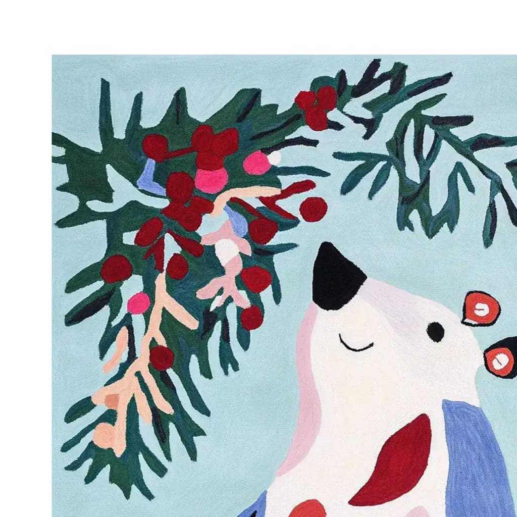 This charming hand-tufted area rug features a playful design with a whimsical bear surrounded by festive greenery and berries, perfect for adding a cozy touch to living room area rugs. Made from high-quality wool, this rug combines warmth with style.